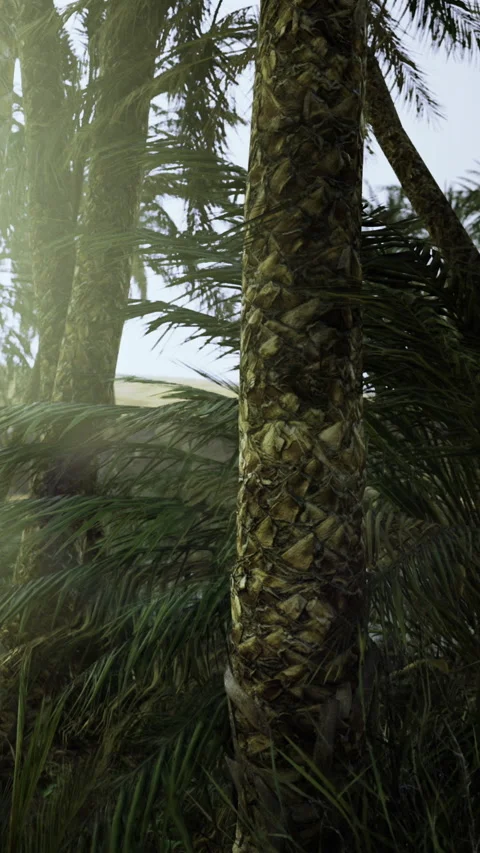 Palm trees and plants under natural light by the beach in the morning Stock Footage 335962373