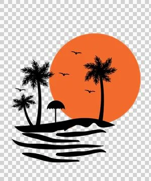 Palm Trees And Sun Beach Silhouette parasol bird water black Stock Illustration