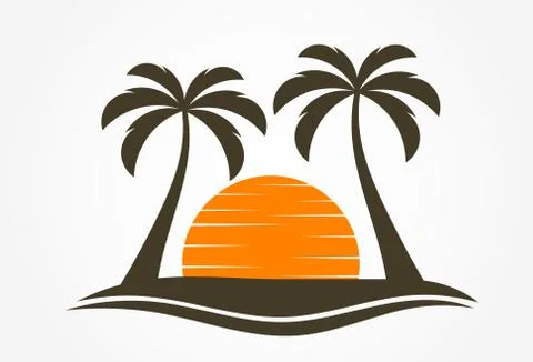 Palm trees and sun setting over island. Vector illustration Stock Illustration