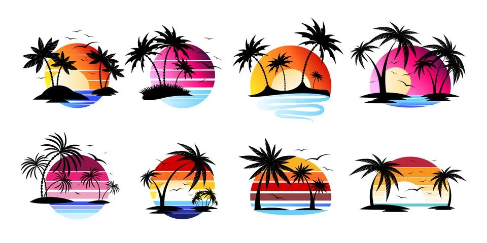 Palm trees and sunsets graphics Stock Illustration