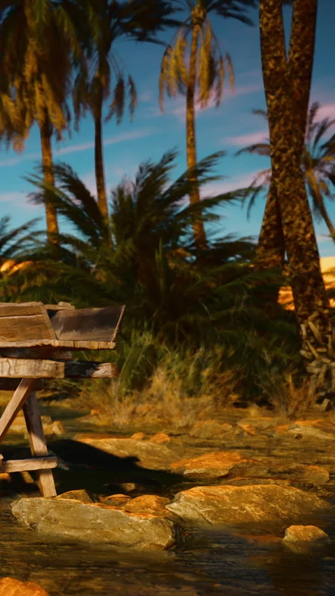 Palm trees and wooden bench near water at sunset in desert area Stock Footage 342179682