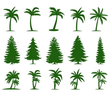 Palm trees are set isolated on a white background. Palm silhouettes Stock Illustration
