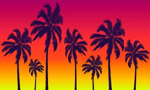 Palm trees on a background of summer red-yellow sunset Stock Illustration