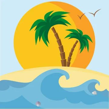 Palm trees, beach, seashells, sunset and waves Stock Illustration