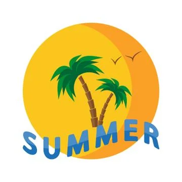 Palm trees, beach, seashells, sunset and waves. Stock Illustration