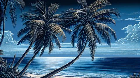 Palm trees on the beach at sunset Stock Illustration