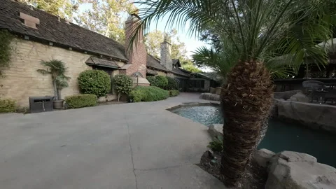 Palm trees beside a backyard pool and brick chimney cottage Stock Footage 345542941