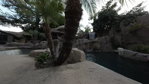 Palm trees beside a rock pool with a waterfall in a backyard Stock Footage 345544738