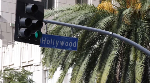 Palm Trees Car Traffic Light Los Angeles Hollywood Street Sign Semaphore Holiday Stock Footage 32318460
