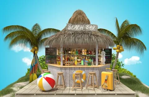 Palm trees with coconuts and a beach bar on a sandy tropical island. Stock Illustration