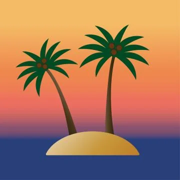 Palm trees with coconuts on island with sunset background in ocean or sea.  Stock Illustration