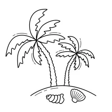 Palm trees on an island with shells doodle sketch still illustration Stock Illustration