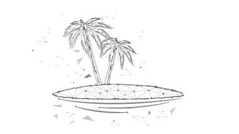 Palm trees on an islet from polygons and points. Black and white illustration Stock Illustration