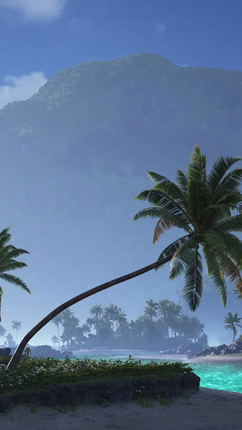 Palm trees lean over clear water at a beach under mountain backdrop Stock Footage 339038574
