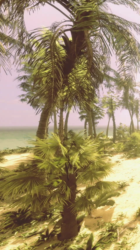 Palm trees line a beach with water and sky in the background during the day Stock Footage 334173191