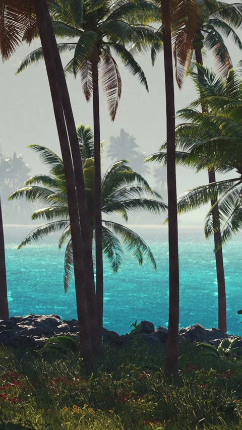 Palm trees line the shore with blue water in the background at midday Stock Footage 339044380