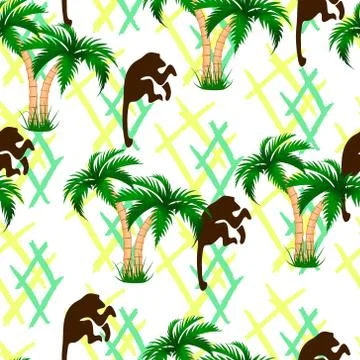 Palm trees, monkeys. Seamless illustration. Endless background Stock Illustration