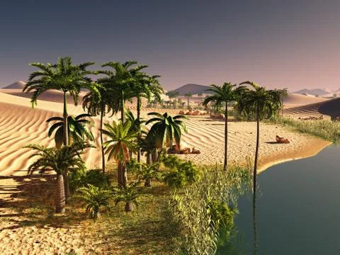 Palm trees near oasis 3d illustration Stock Illustration