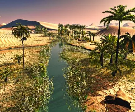 Palm trees near oasis 3d illustration Stock Illustration