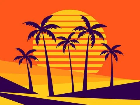 Palm trees on a retro sunset background. Tropical palm trees against the ba.. Illustrazione stock