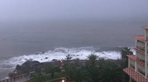 Palm trees, sea waves and hotel on seaside in storm Vídeo Stock 53081691