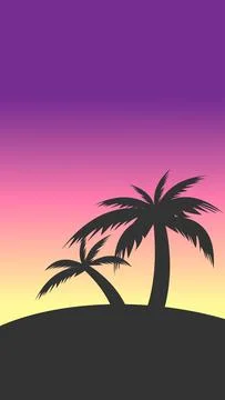Palm Trees shadow at sunset. Evening on beach with pink purple summer sky and co Stock Illustration