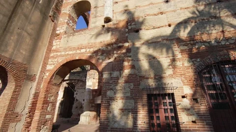 Palm trees shadows on the brick wall of an old historical building with arches a Stock Footage 170749532