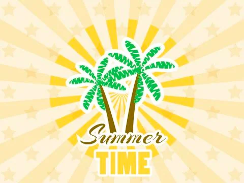 Palm trees sticker with rays. Summer time. Typography design. Vector illustra Illustrazione stock