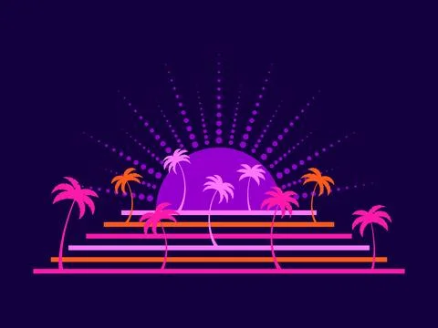Palm trees in the style of line art in the style of the 80s. Tropical silho.. Stock Illustration