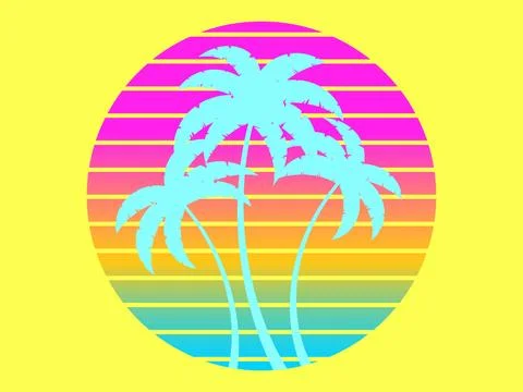 Palm trees on a sunset 80s retro sci-fi style. Gradient retro futuristic su.. Stock Illustration