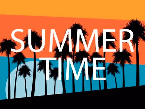 Palm trees on a sunset background. Summer time. Tropical landscape, beach vac Illustrazione stock