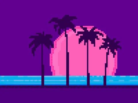 Palm trees at sunset in pixel art style. 8 bit landscape of palm trees on t.. Stock Illustration
