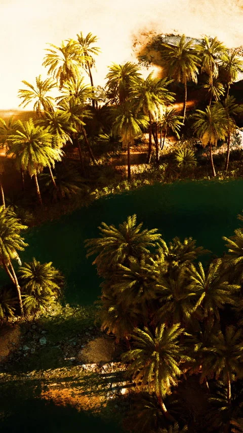 Palm trees surround a green oasis near a sandy area and bright sky 스톡 동영상 345010705