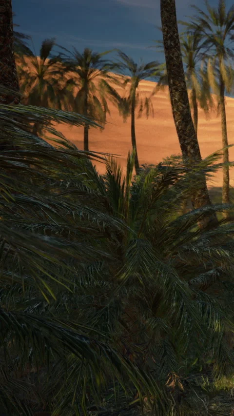 Palm trees sway in a desert landscape during sunset Stock Footage 341978044