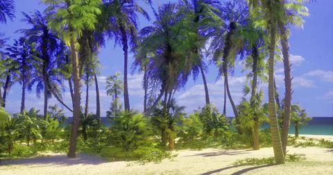 Palm trees sway gently under a clear sky at a tropical beach setting Ilustración de archivo