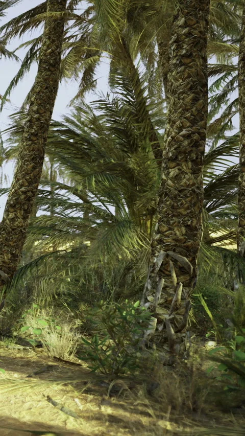 Palm trees sway in the wind on a sunny day in a desert landscape Stock Footage 336024052