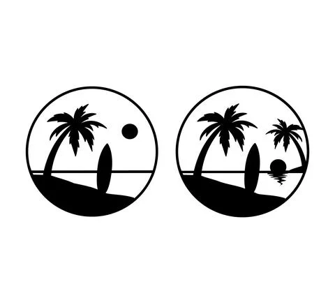 Palm trees vector icons. Sunset Sea and surfboard. Round Silhouette isolated on Stock Illustration
