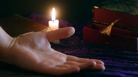 Palmistry concept 4k. Fortune teller read line on male hand. Halloween forecast Stock Footage 123667593