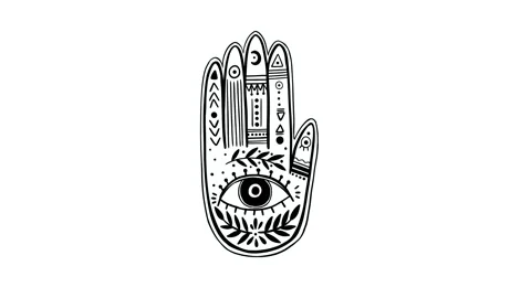 Palmistry of the hand blinking psychic eye animation clip, black and white Stock Footage 142873155