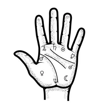 Palmistry map on open palm, fortune telling by hand and the lines of fate, pr Stock Illustration