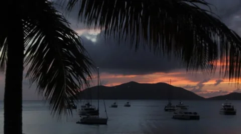 Palms Frame Sunset from  Caribbean Beach Looking out to Islands Stock Footage 53882196