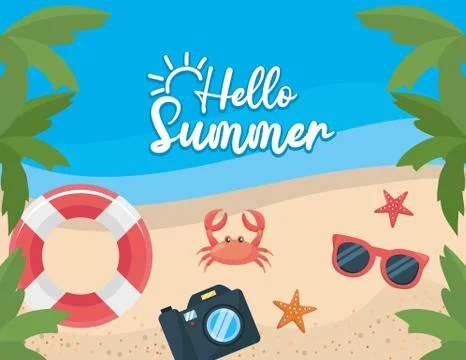 Palms trees with float and crab with starfishes and camera in the beach Stock Illustration