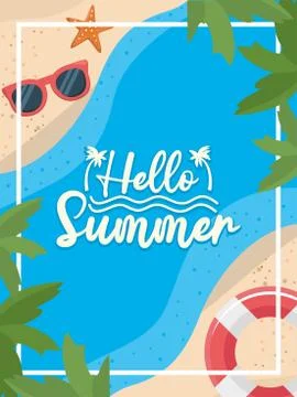 Palms trees with sunglasses and float with starfish in the beach Stock Illustration
