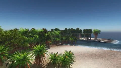 Palms on the tropical beach 3d rendering Stock Illustration