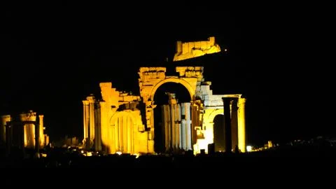Palmyra columns in the night, destroyed by DAESH Syria Stock Photos