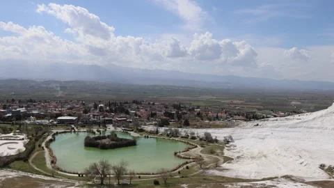 Pamukkale cloudy in spring, cold wind is out of season Video stock 310496137