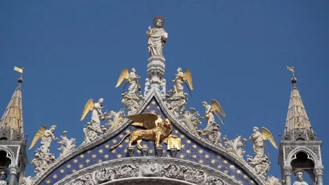 Pan acroiss Close up detail of the Gothic architecture and statues of Saint M Stock Footage 83289760