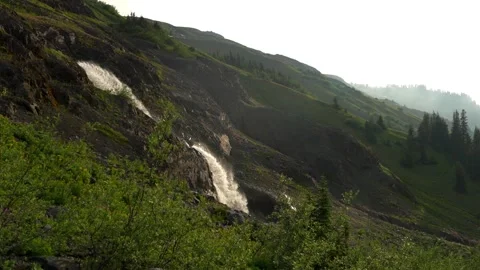 Pan across alpine habitat in the Cascade Mountains, with glacial brook flowing Stock Footage 345051748