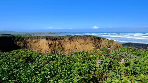 Pan across coastal bluff with pristine cove behind-seagulls flying by Vídeos de archivo 108783912