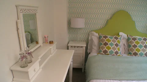 Pan across Colourful Bedroom in New Home Stock Footage 35597853